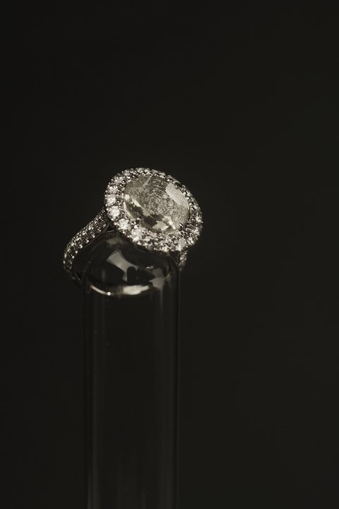 Round rose cut halo diamond ring in 18K white gold